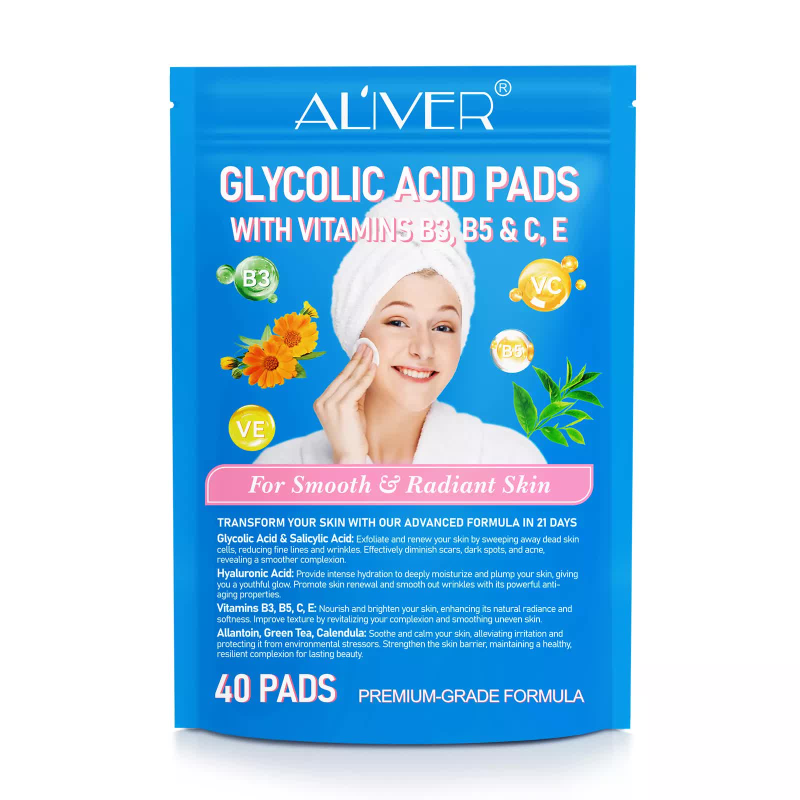 NNEDSZ ALIVER Glycolic acid pads with vitamins B3,B5 & C,E 40 PADS